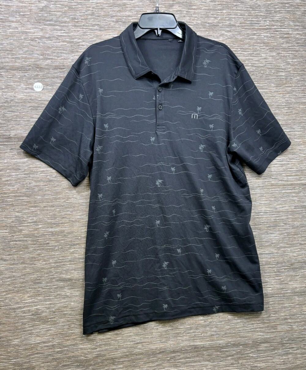 Travis Mathew All Over Palm Tree Print Polo Golf Shirt Mens Size XL Black Gray